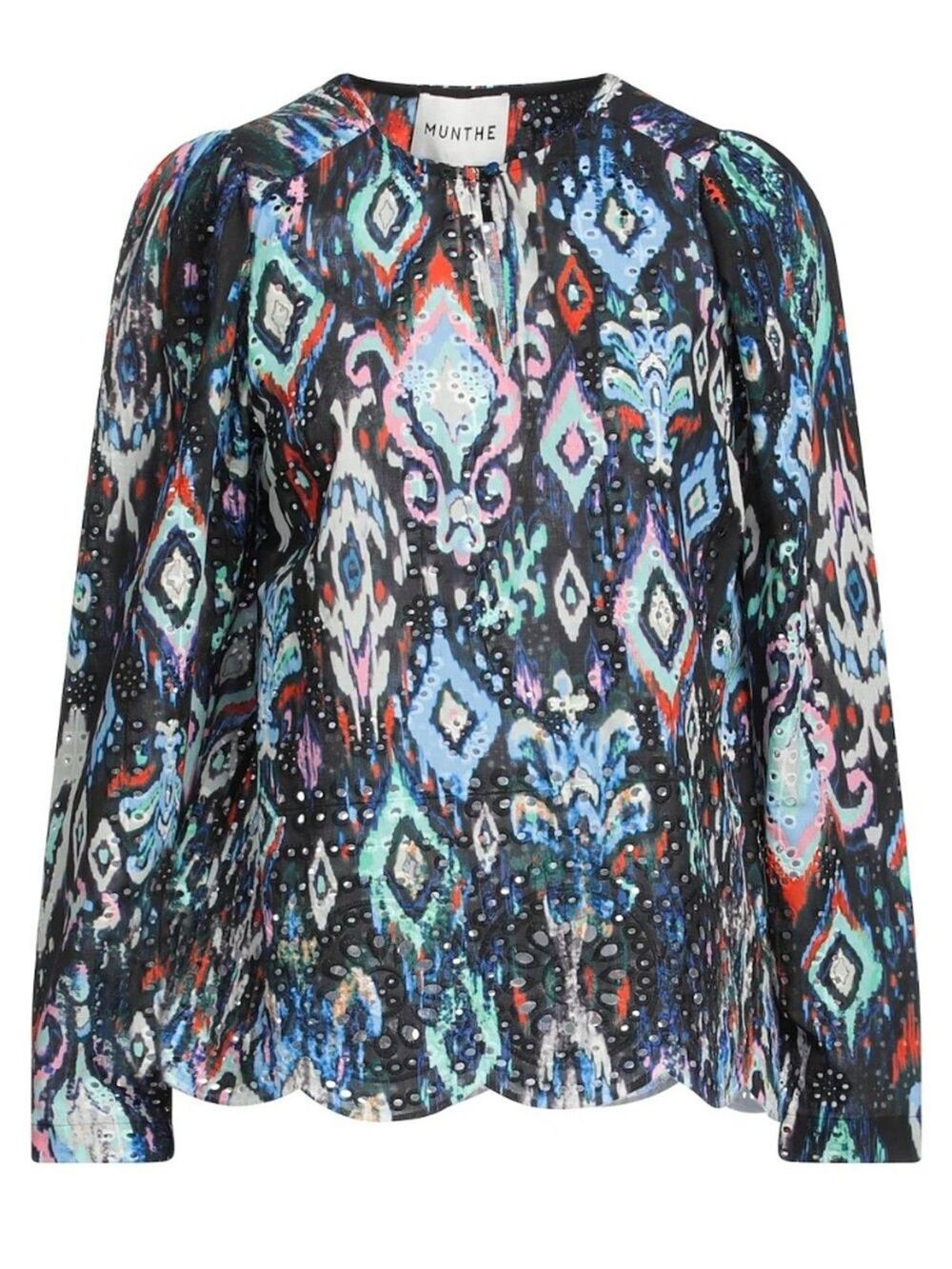MUNTHE Josalina Blouse Womens Ikat-Print Multicolor Long Sleeve Eyelet Size US 4